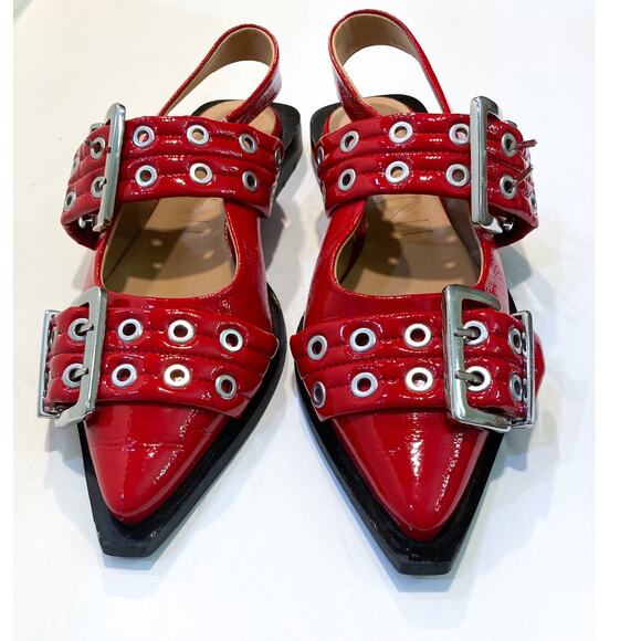 Ganni Red Buckle Ballerina Flats - Picture 3 of 10